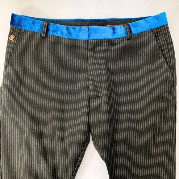 ROBERTO CAVALLI BLACK PINSTRIPES BLUE VELVET WAISTBAND DRESS PANTS - 31 - Picture 4 of 10
